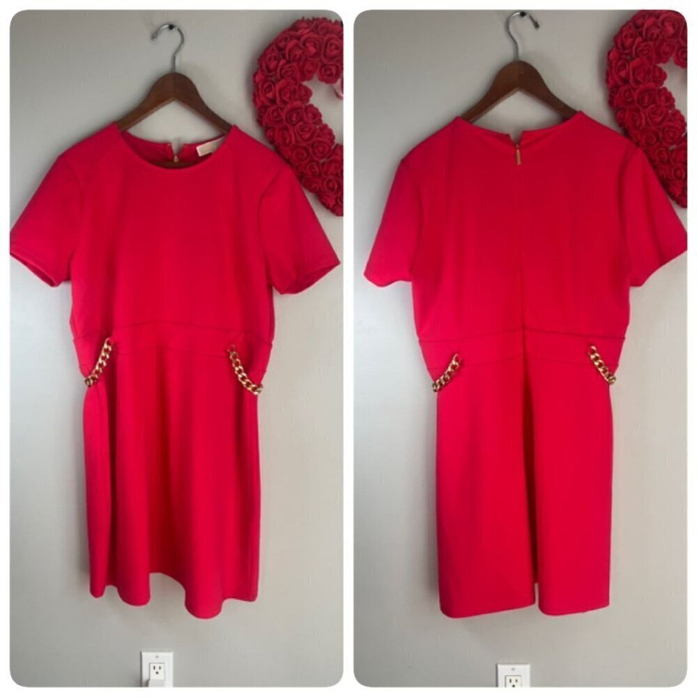 Michael Michael Kors Coral Pink Short Sleeve Sheath Dress Gold Chain Waist PXL - Picture 3 of 12